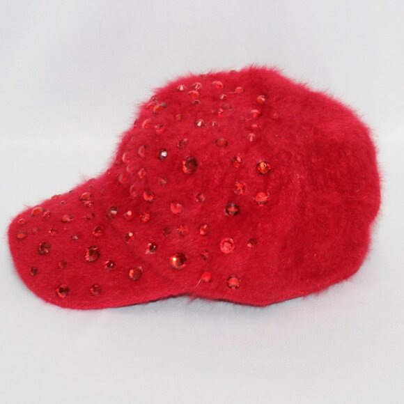 Rabbit Fur with Red Rhinestones Baseball Cap - Picture 1 of 11